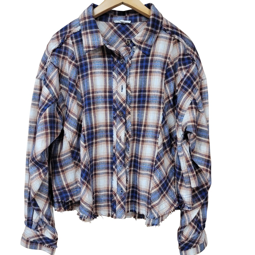 Easel Los Angeles Blue Brown Plaid Cropped Frayed Flannel Shirt Grunge Boho Sz L